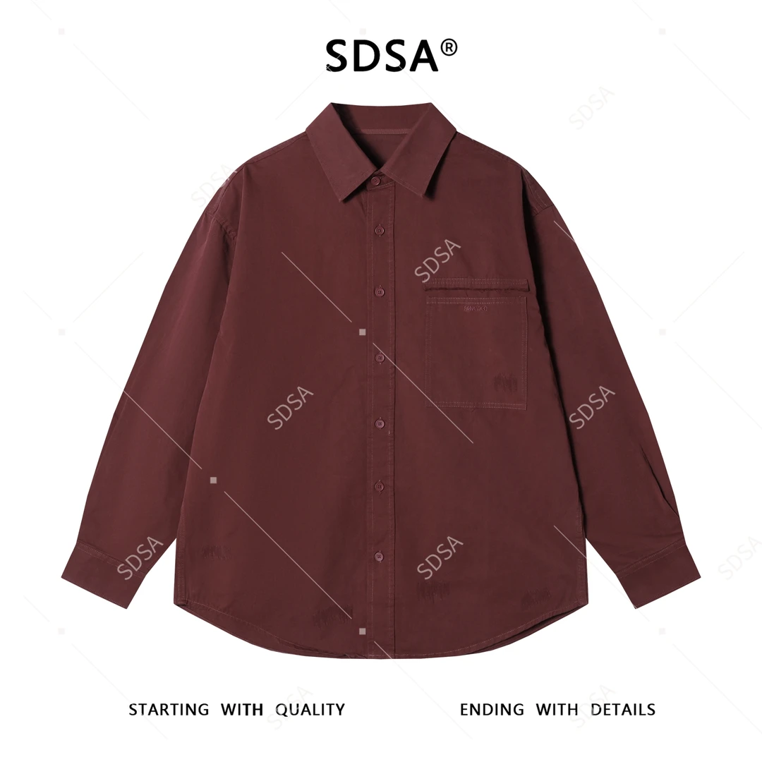 SDSA男士秋冬新款痞帅男装简约纯色刺绣字母纽扣翻领长袖衬衫百搭