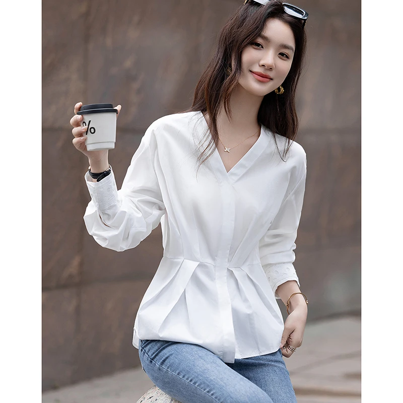 dme德·玛纳【纯棉OOTD】秋季V领花边袖衬衫对折省收腰暗扣衬衣