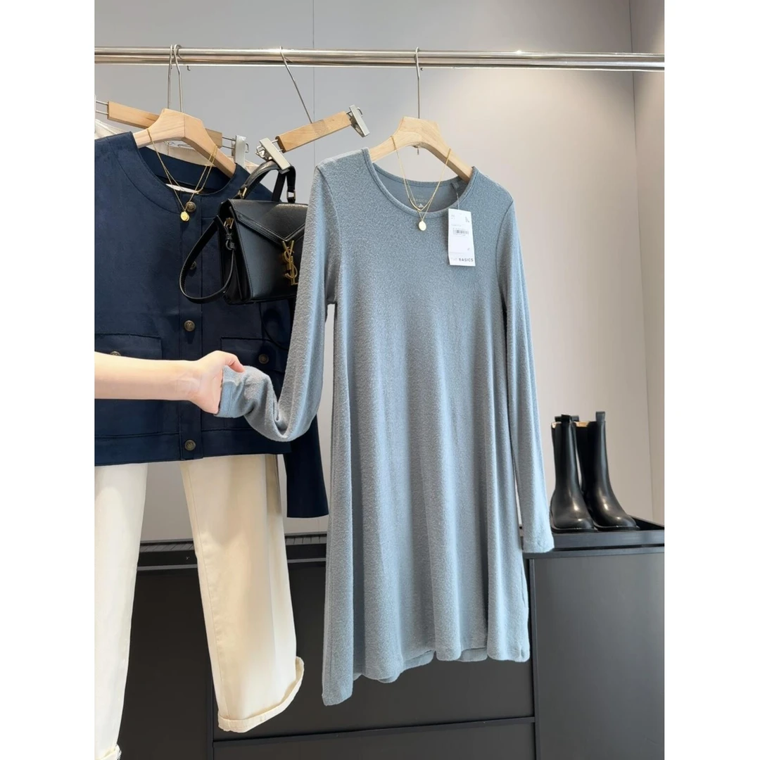 垂感亲肤！秋冬女装韩版圆领长袖磨毛针织连衣裙a字打底裙