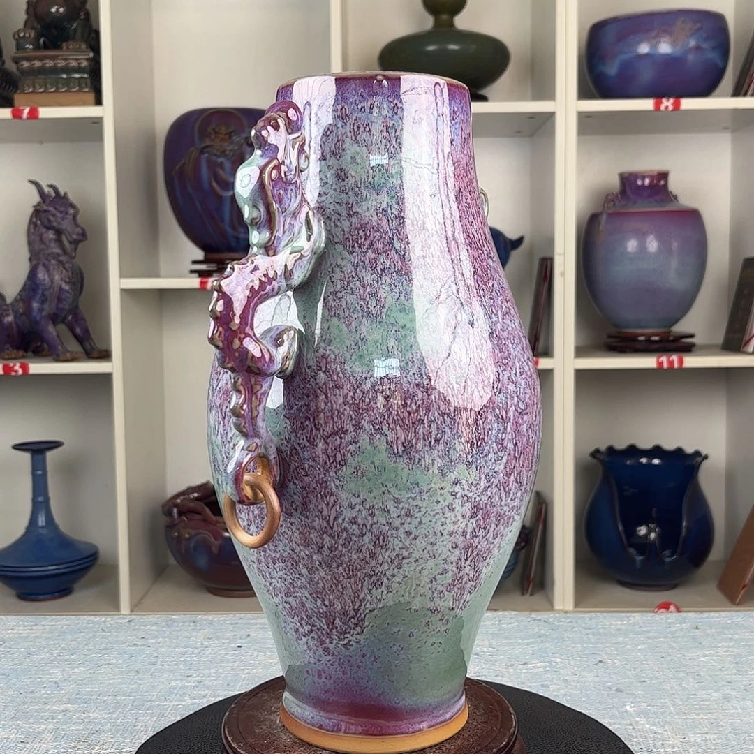 心***何瓷片双龙瓶大师作品