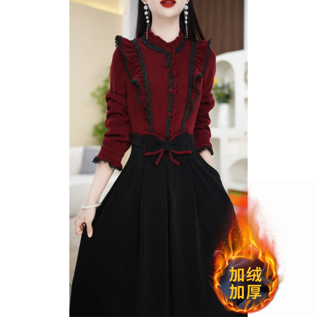 【连衣裙】冬季花边领气质拼接简约通勤中长款连衣裙M-4XL