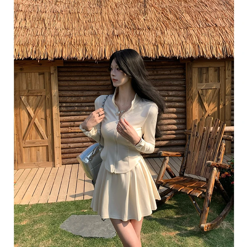 春款休闲立领修身外套设计感A字短裙时尚套装两件套