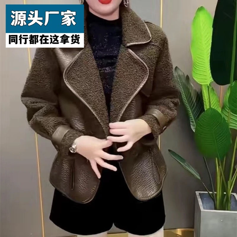 梵乐芬短款皮毛一体女款外套皮衣宽松外套女冬季新款加厚时尚洋气