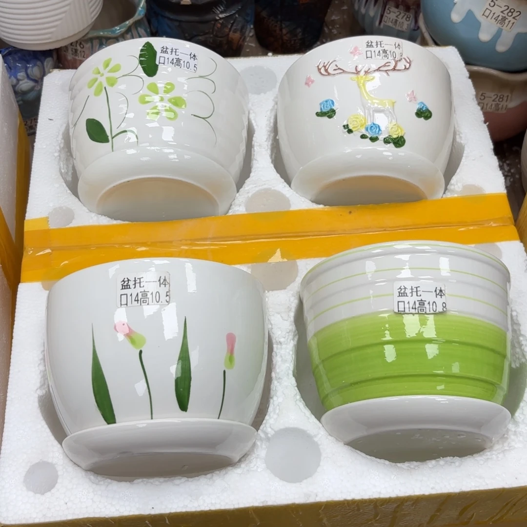 @夏西陶瓷花盆@@四个手绘