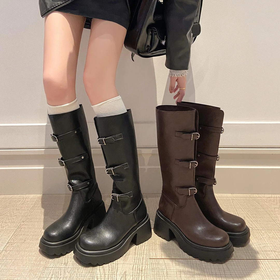 皮带扣不过膝棕色高筒靴2025新款圆头厚底高跟骑士靴子女真皮长靴
