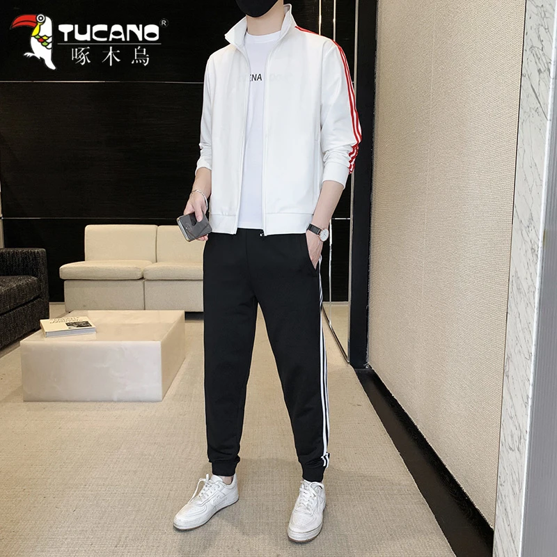 啄木鳥运动套装男士春秋季夹克外套裤子休闲帅气立领开衫两件套装