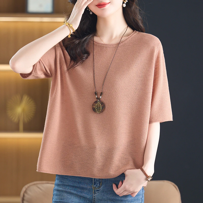 胖妈妈大码夏装上衣显瘦减龄冰丝针织衫2025新款女士短袖T恤洋气