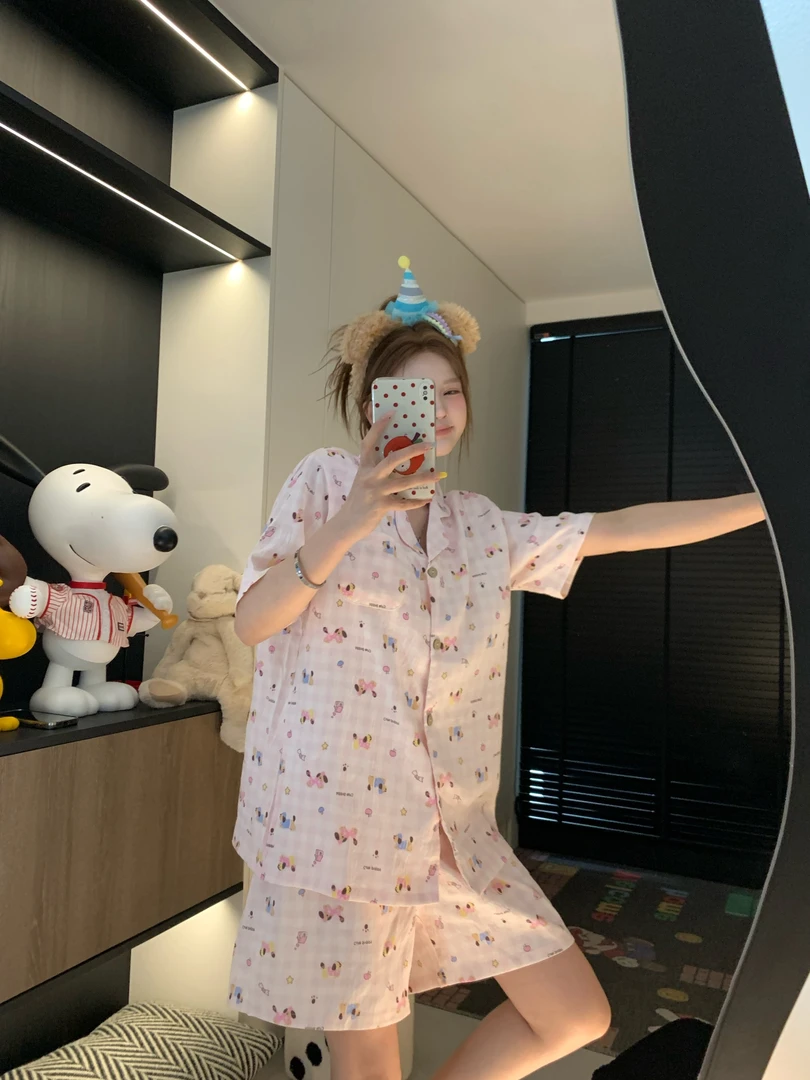 粉色KT猫睡衣女夏季云朵棉短袖短裤两件套学生卡通可爱少女家居服