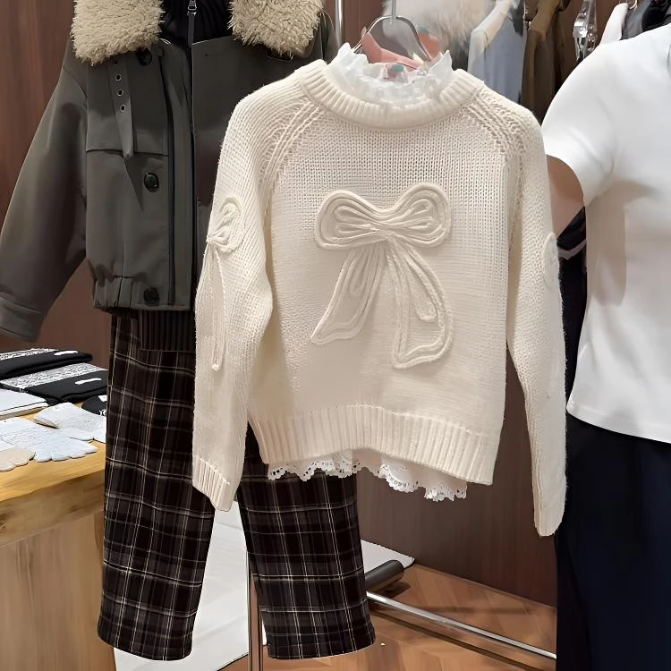 现货【在逃雪公主】软fufu立体蝴蝶结儿童冬季宽松圆领套头针织毛衣