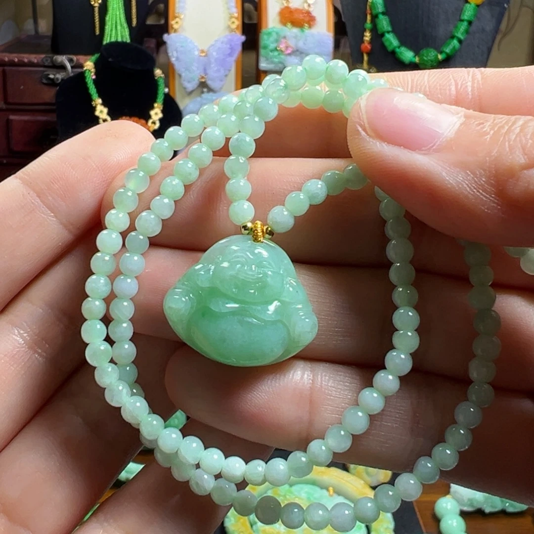 翡翠未镶嵌毛衣链冰绿佛公