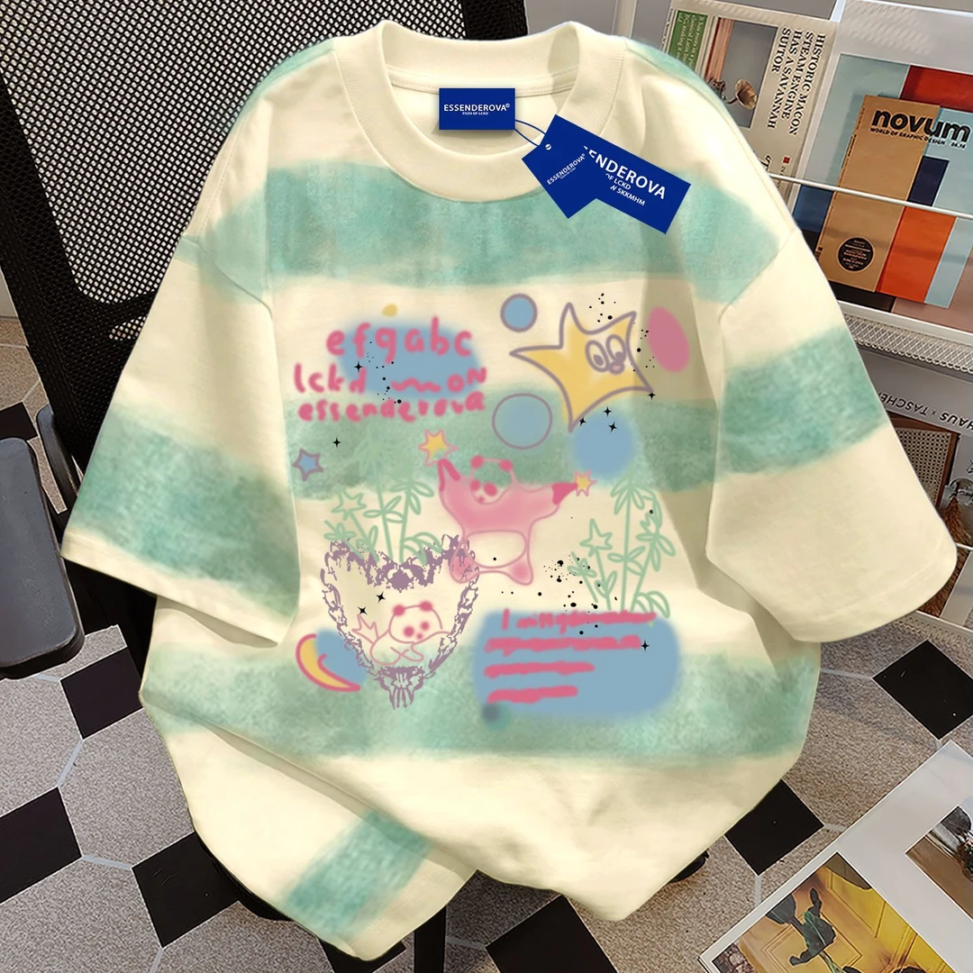 100%纯棉美式复古韩系短袖t恤男女夏季扎染渐变条纹爆款情侣上衣