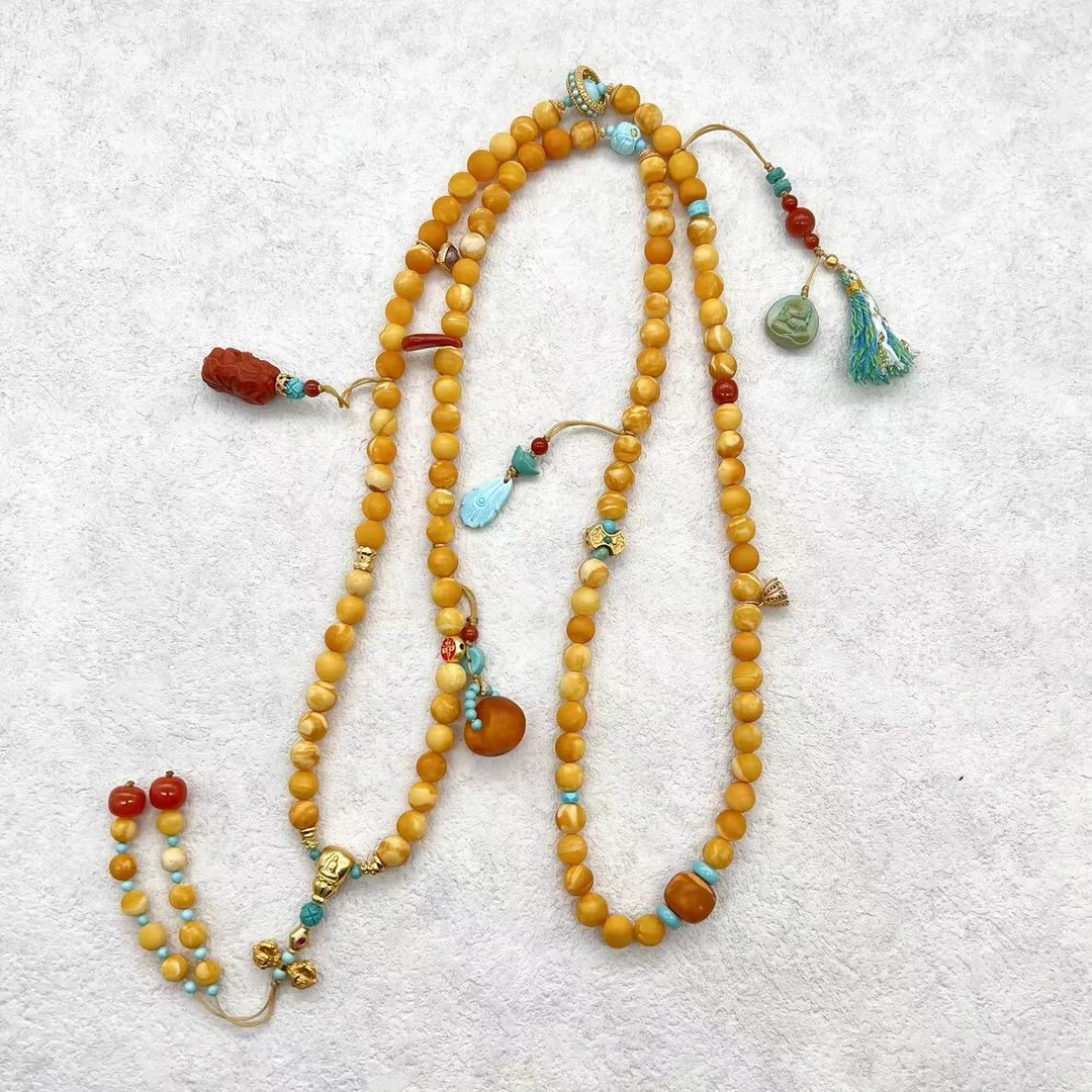 【润家原创】天然琥珀7mm橘皮花蜡圆珠DIY设计款项链#5374