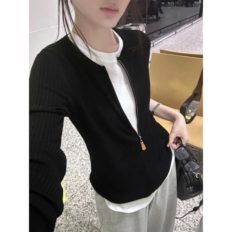 【5werkwen 02.13新品】松弛老钱 复古皮牌拉链宽松针织开衫