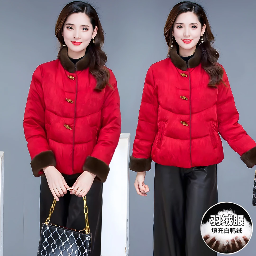 冬季中国风短款加厚妈妈羽绒服女装2025年新款时尚保暖白鸭绒外套
