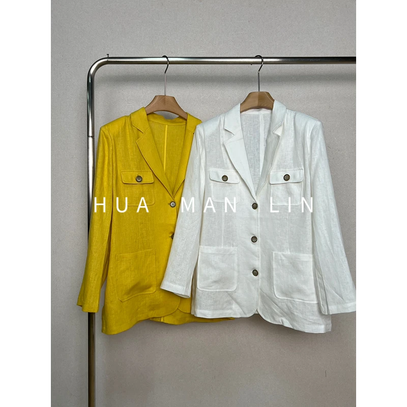 【花满林】两色翻领四口袋亚麻西装外套25152