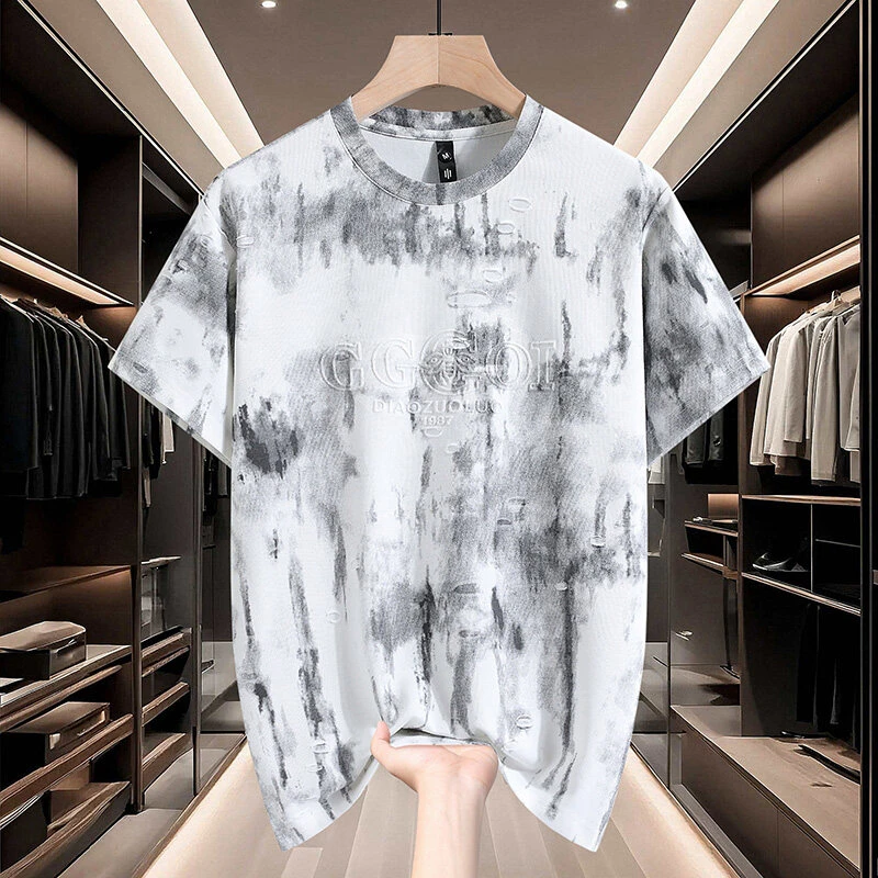 2025夏季新款潮流破洞男士短袖T恤个性迷彩帅气圆领上衣男扎染