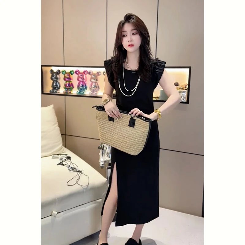 高品质修身后妈裙2025夏季新款时尚修身显瘦小个子侧开叉连衣裙