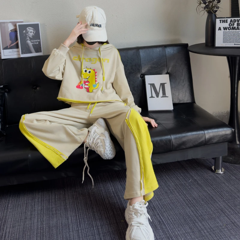 初中生女大童套装2025时尚春秋新款连帽卫衣韩系直筒宽松阔腿裤子