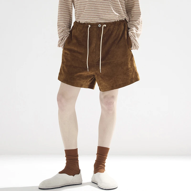 官方直营Epide Prefab反毛羊皮革抽绳百搭老钱风休闲膝上休闲短裤