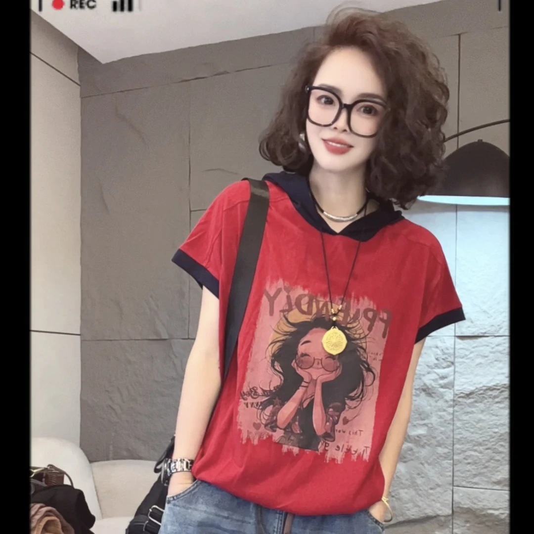聪聪019夏季连帽百搭印花休闲上衣T恤