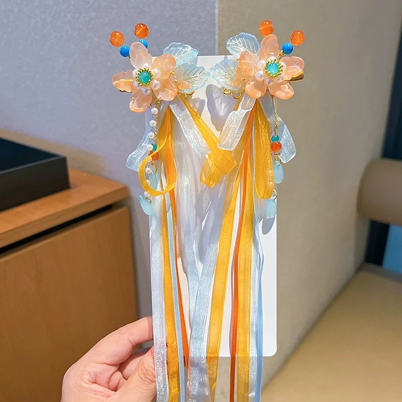 汉服头饰儿童古风花朵飘带发夹超仙步摇小女孩蝴蝶结流苏发卡2618