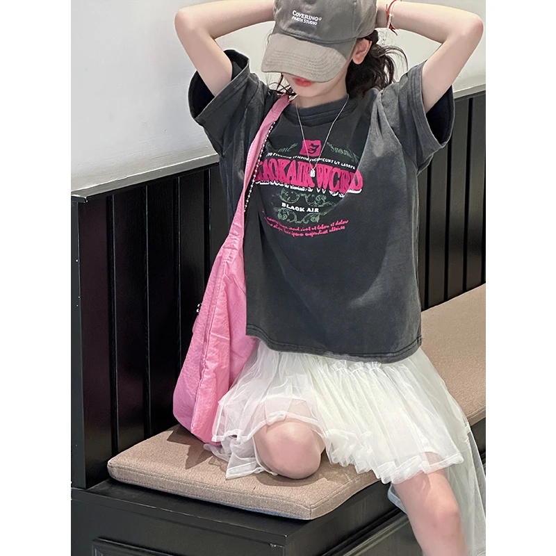 k25643磨白做旧女童夏装短袖T恤2025新款大童儿童上衣半袖潮百搭t