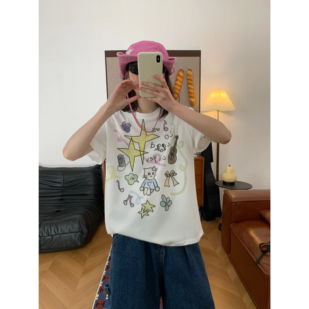 小众涂鸦搞怪卡通设计感短袖T恤女夏季复古减龄休闲百搭趣味上衣