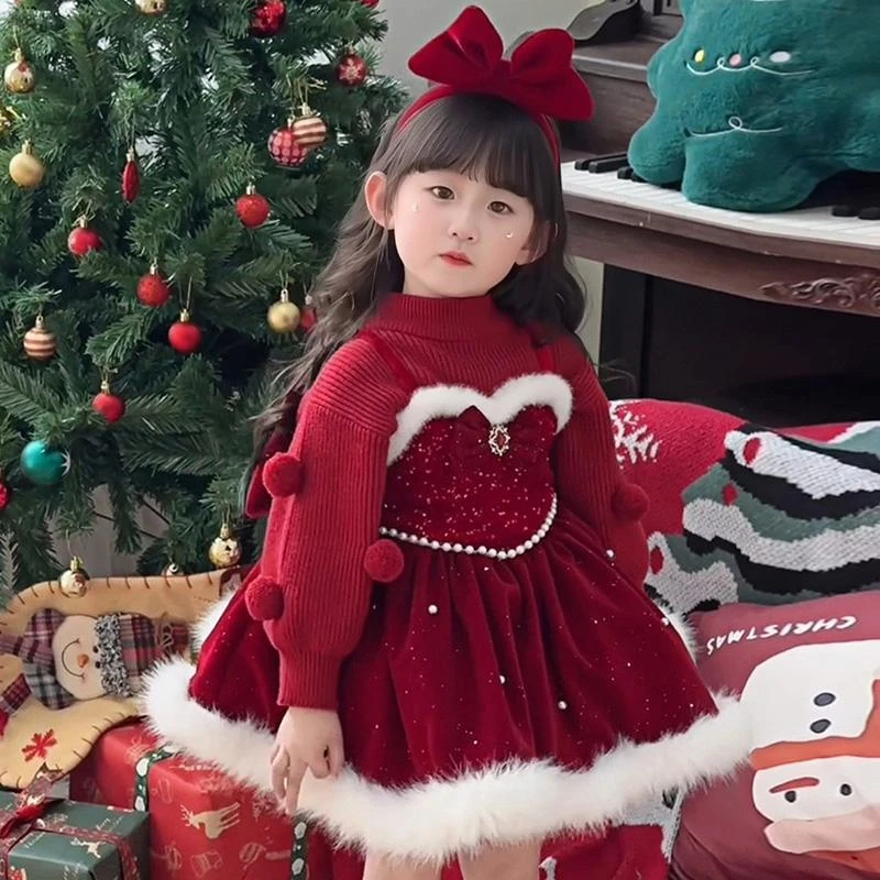 女童新年连衣裙女童新年战袍儿童圣诞节服装小女孩洛丽塔公主裙红