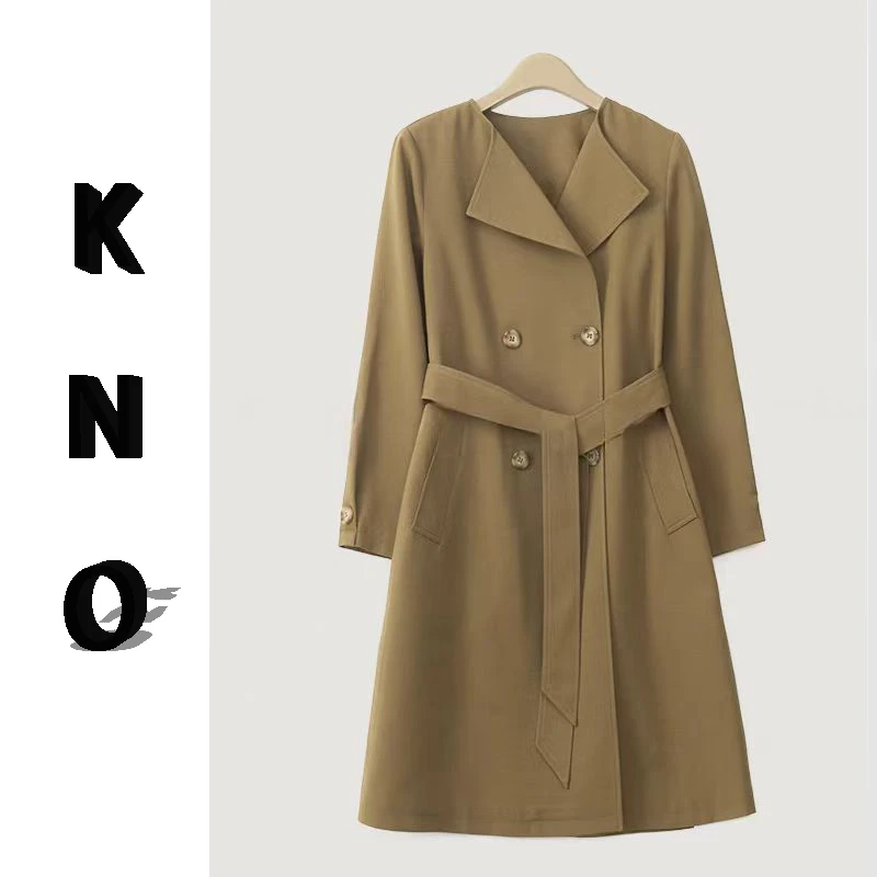 【KNO】早春新款纯色双排扣系带修身风衣