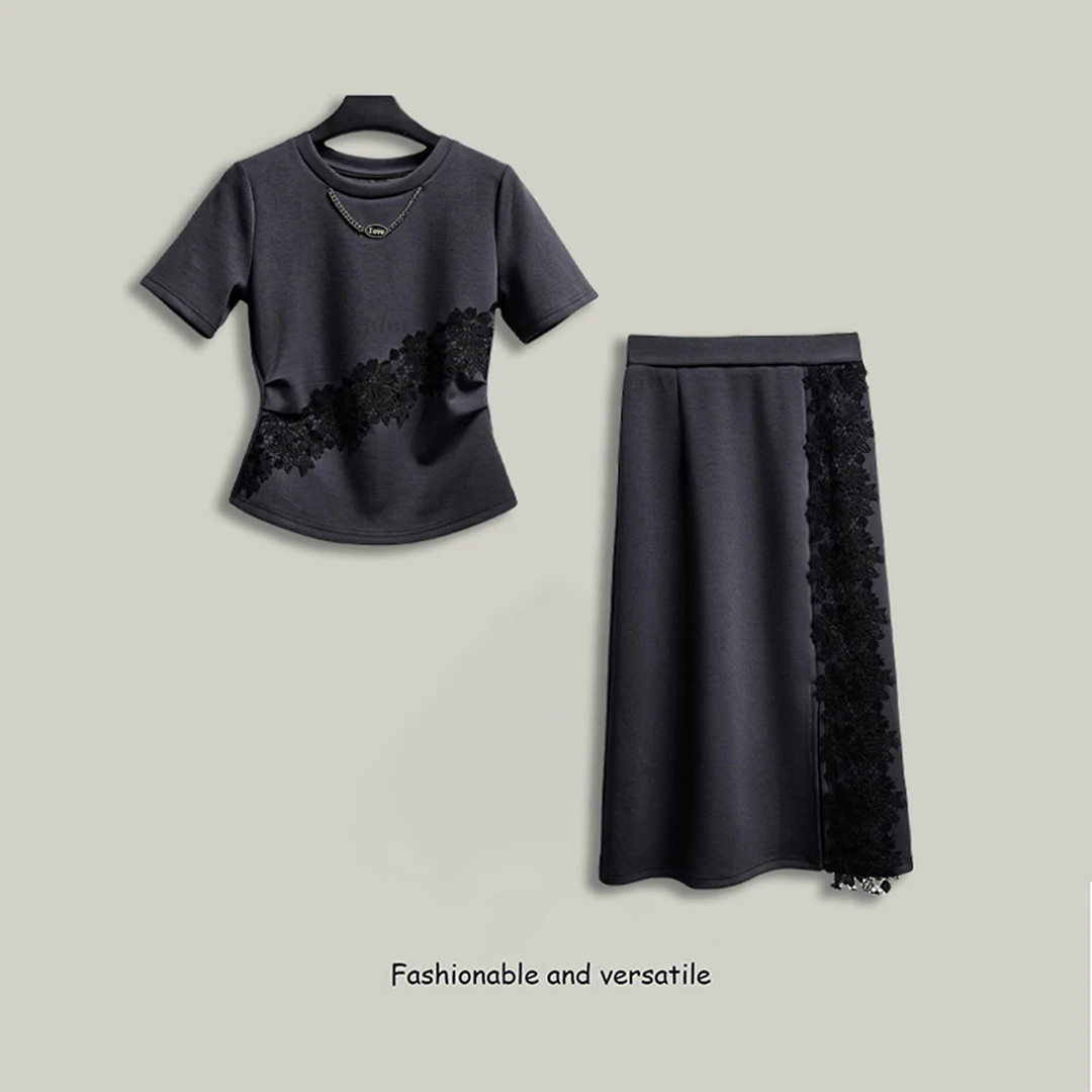 2025夏季新款蕾丝拼接设计感时尚休闲套装女显瘦百搭气质两件套女