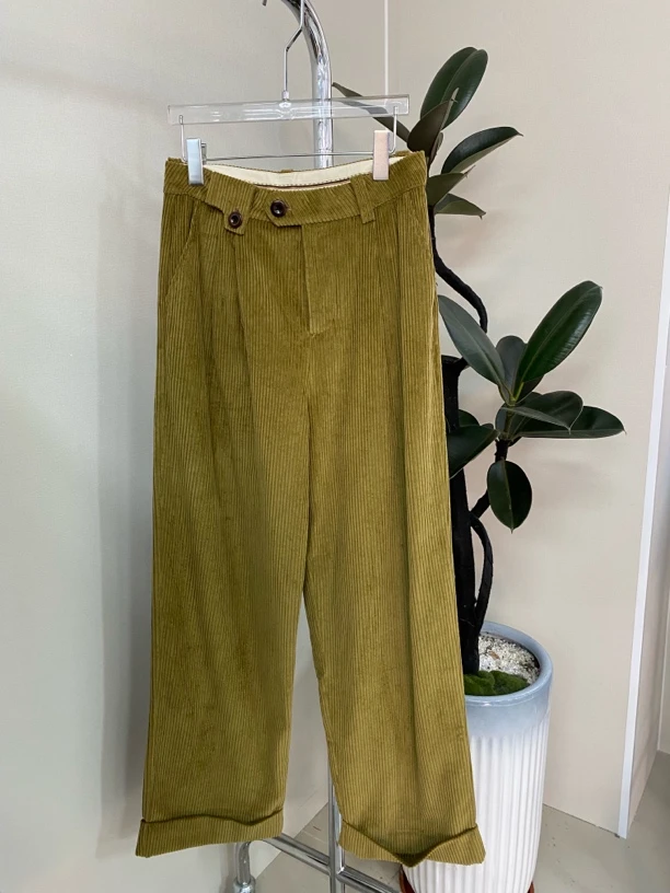 【KIMSS】休闲时尚翻边条绒无弹力橄榄绿色直筒裤