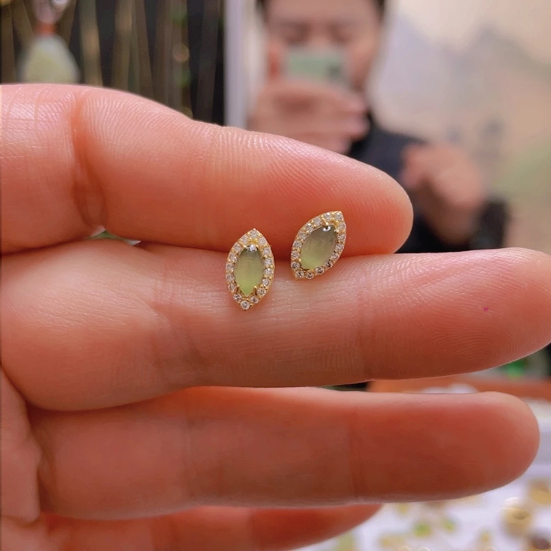 和田玉耳饰银S925镀金镶嵌