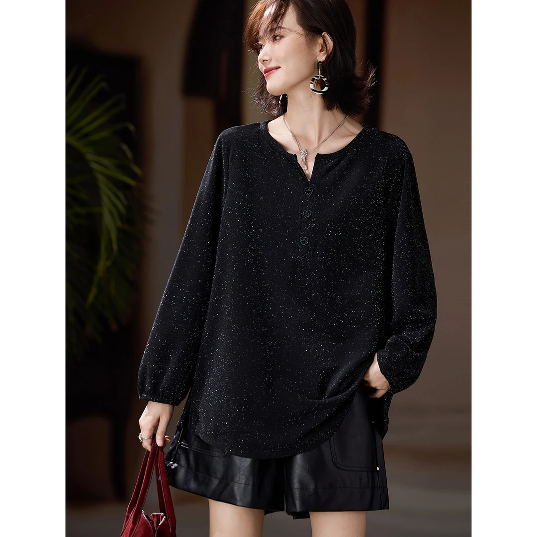 DUCURNO洋气钉珠亮丝黑色T恤女秋季2025新款法式大码宽松长袖上衣