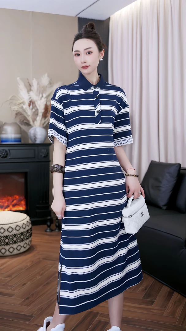 设计师原创休闲百搭时尚简约宽松舒适POLO领短袖连衣裙Z252045