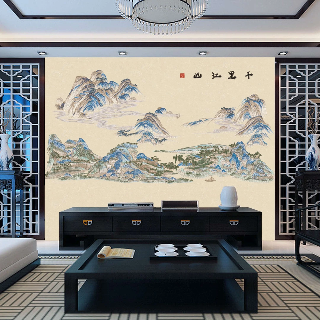 高端新中式山水工艺系列展示千里江山背景墙装饰画2025最新款
