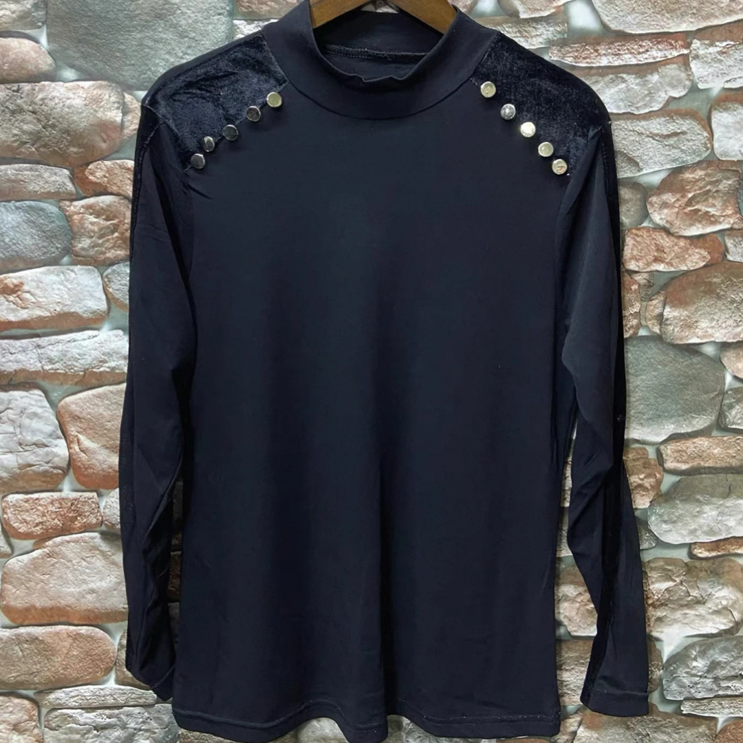 #805拼接款大码女长袖半高领打底衫时尚显瘦