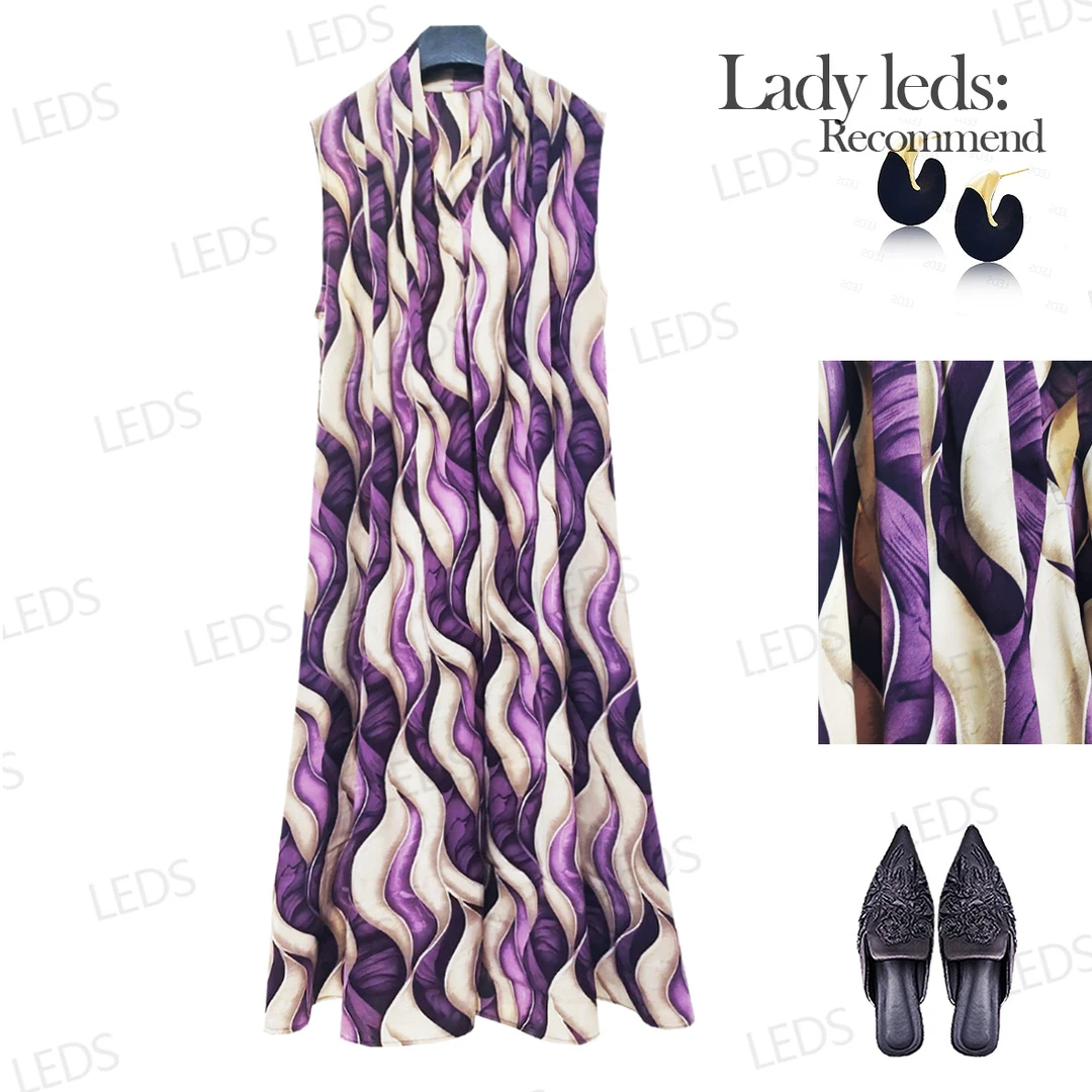 LEDS S712【浪漫法式风情】夏季紫色波浪纹无袖连衣裙优雅大气