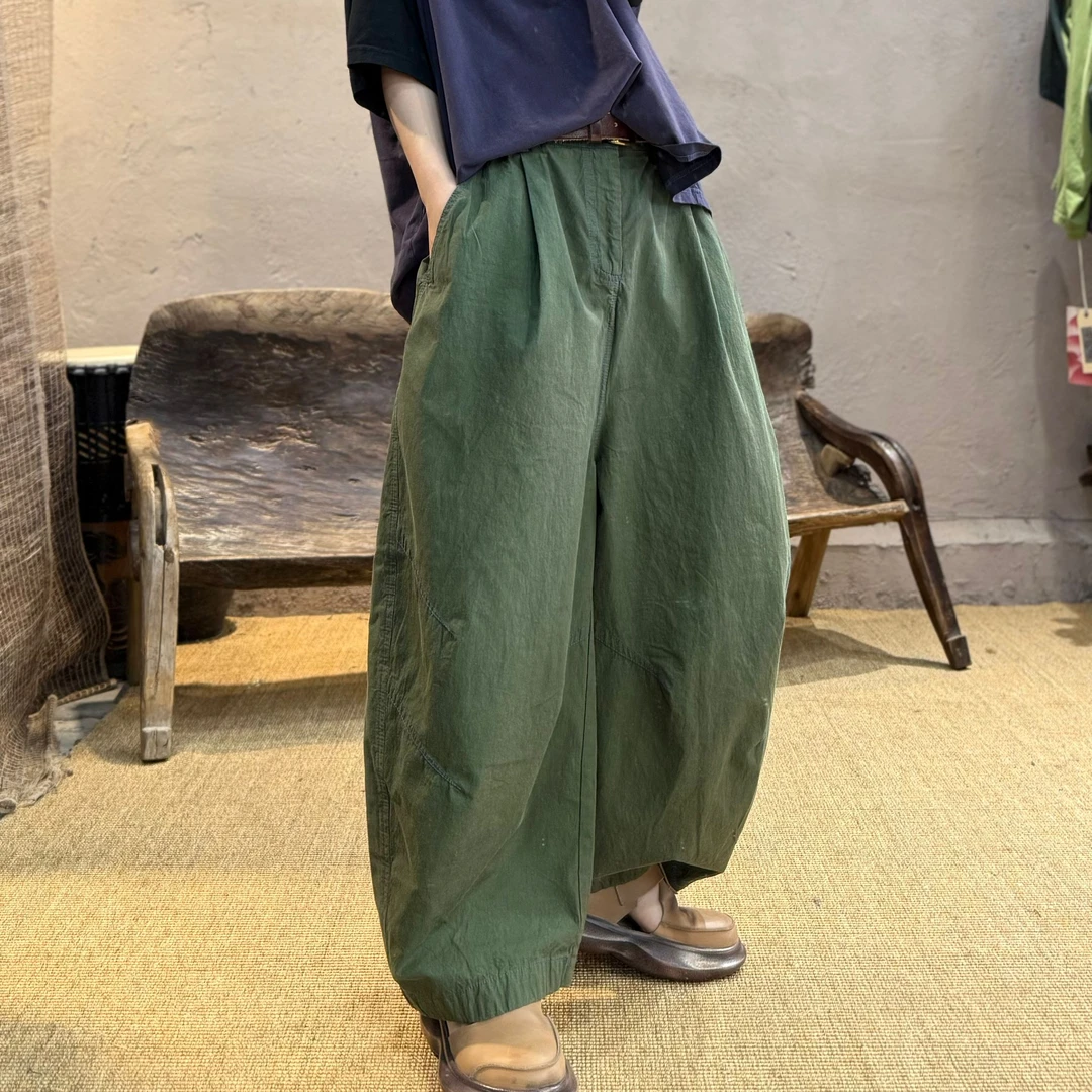 250417忆古朴拙棉麻混纺真丝拼花休闲裤复古文艺薄款纯色直筒裤