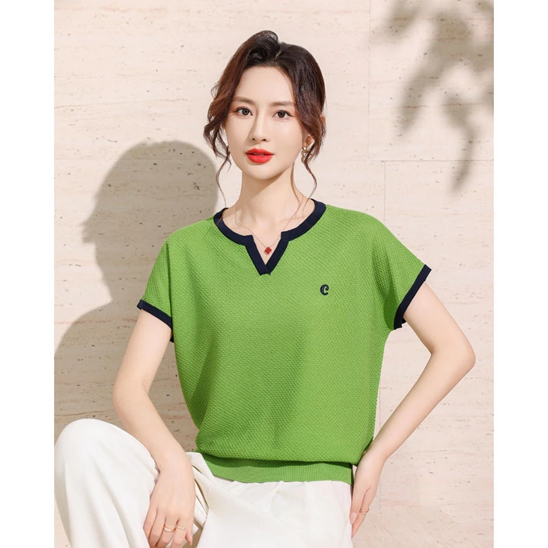 【香嘉怡新品】XJYEA3624女士100莱赛尔剪刀领领口撞色夏季针织衫