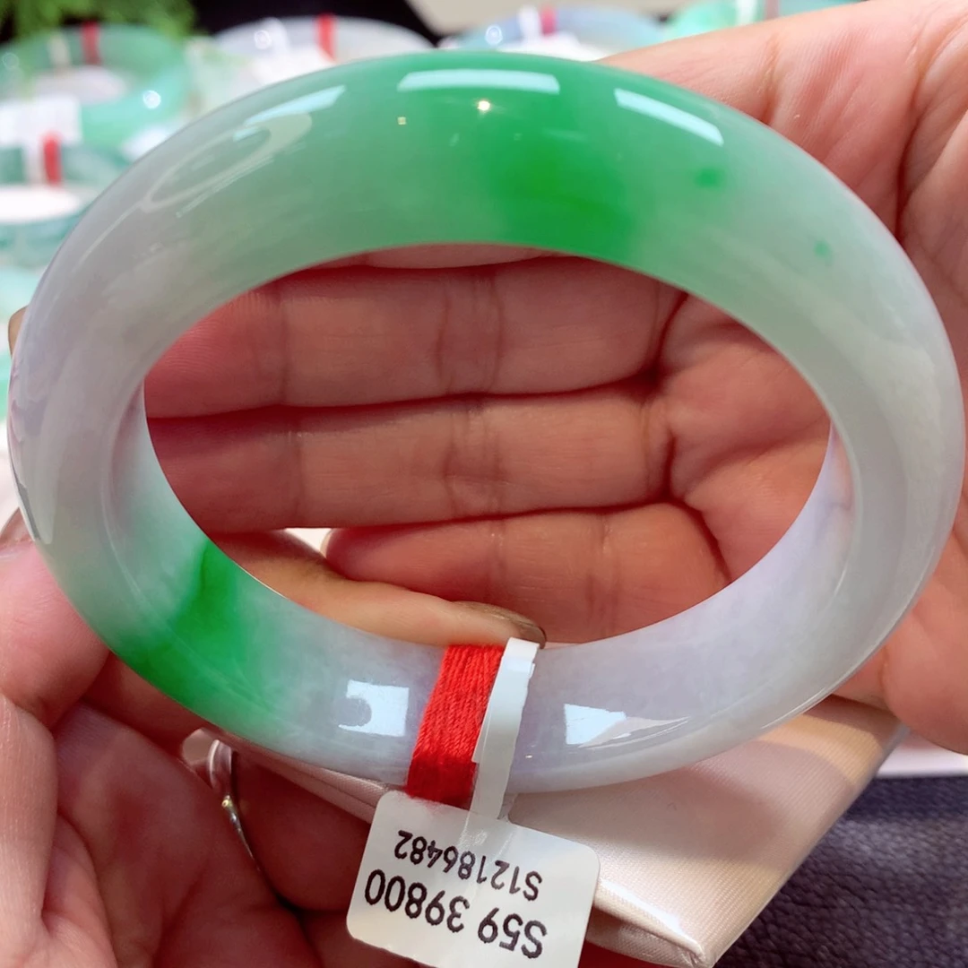 未镶嵌手镯翡翠白底青大圈小宽版2号11