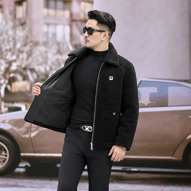 羊毛羊剪绒大衣男皮毛一体羊羔毛皮草外套时尚翻领加绒加厚男冬装