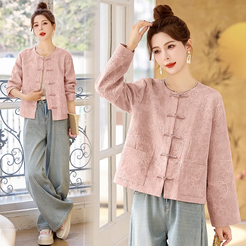 新中式纯色女通勤短外套宽松春秋2025新款女装外套中国风复古上衣