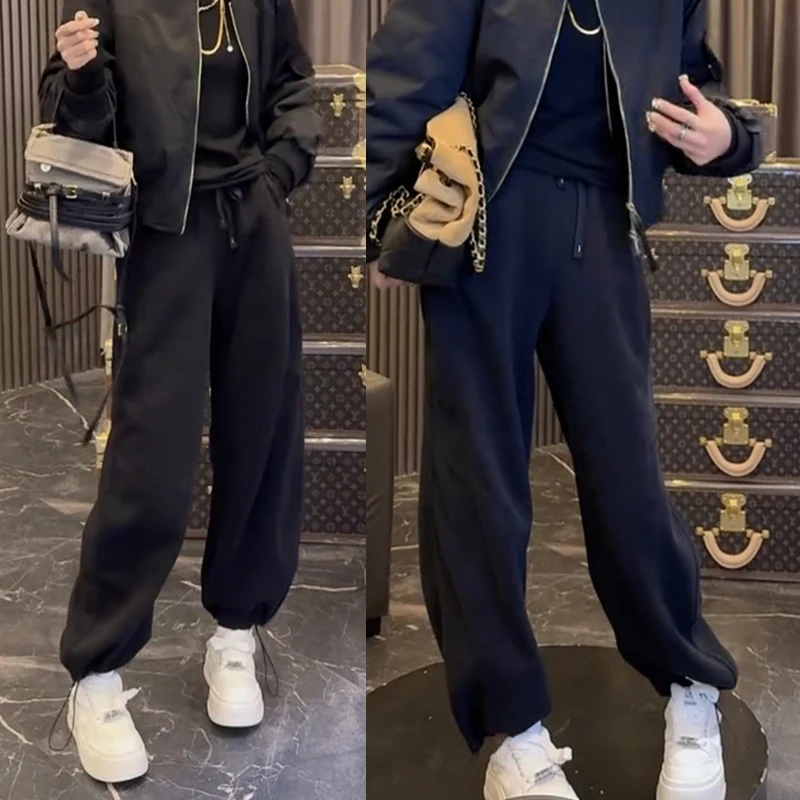 秋季新款束脚卫裤女宽松显瘦休闲裤抽绳运动阔腿裤时尚百搭直筒裤
