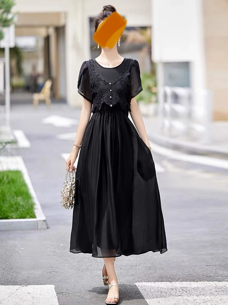 镂空圆领高腰夏季显瘦法式连衣裙长裙女装泡泡袖小黑裙收腰