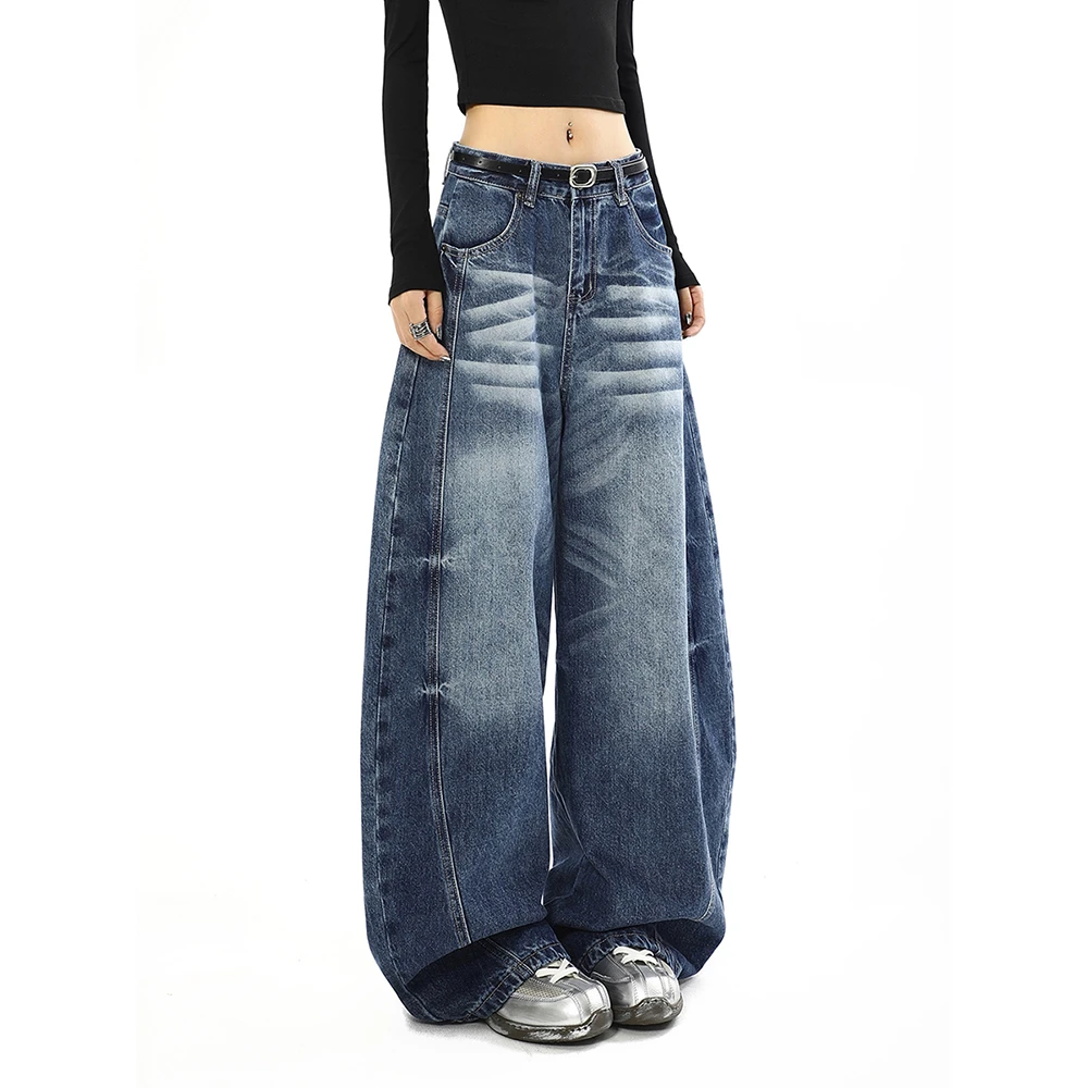 美式复古水洗猫须直筒弯刀牛仔裤女秋季新款宽松阔腿镰刀拖地裤子