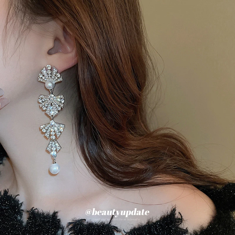 合金仿珍珠耳饰 银针仿珍珠蝴蝶结珍珠流苏耳环轻奢高级感耳钉女