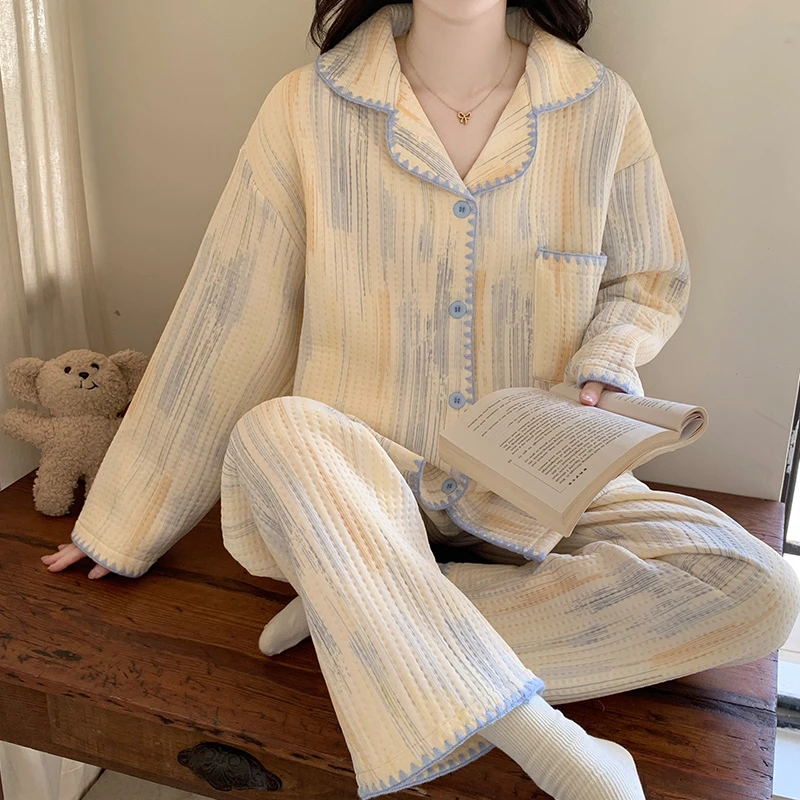 睡衣女款秋冬季保暖空气棉夹层加厚条纹开衫长袖家居服套装可外穿