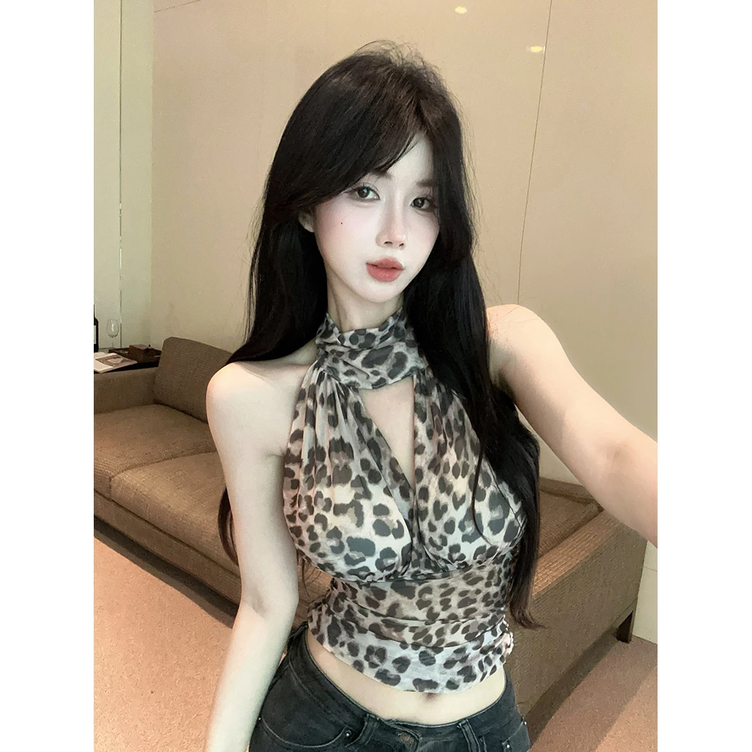 美式豹纹露背挂脖吊带背心女夏季修身收腰内搭设计感辣妹外穿上衣
