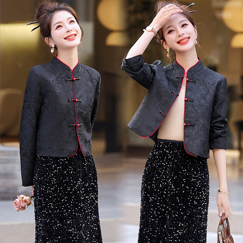 新中式风提花盘扣外套女2025春秋新款修身气质改良唐装短款上衣