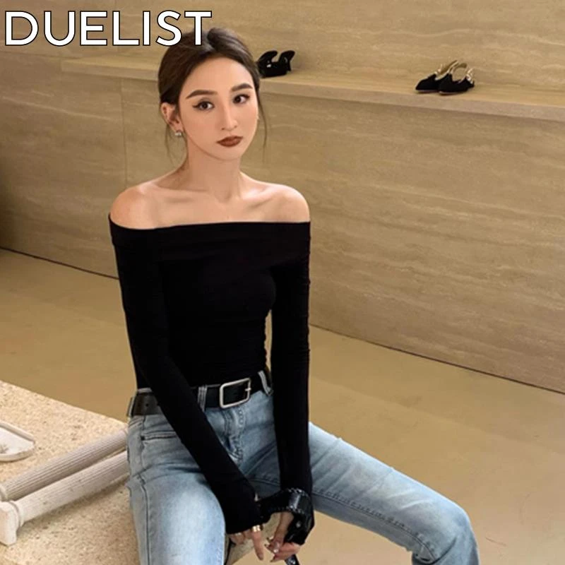 DUELIST法式黑色一字肩锁骨长袖恤女性感露肩修身高级感斜肩上衣